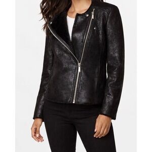 Michael Kors Black Vegan Leather Faux Fur Lined Edgy Biker Moto Jacket